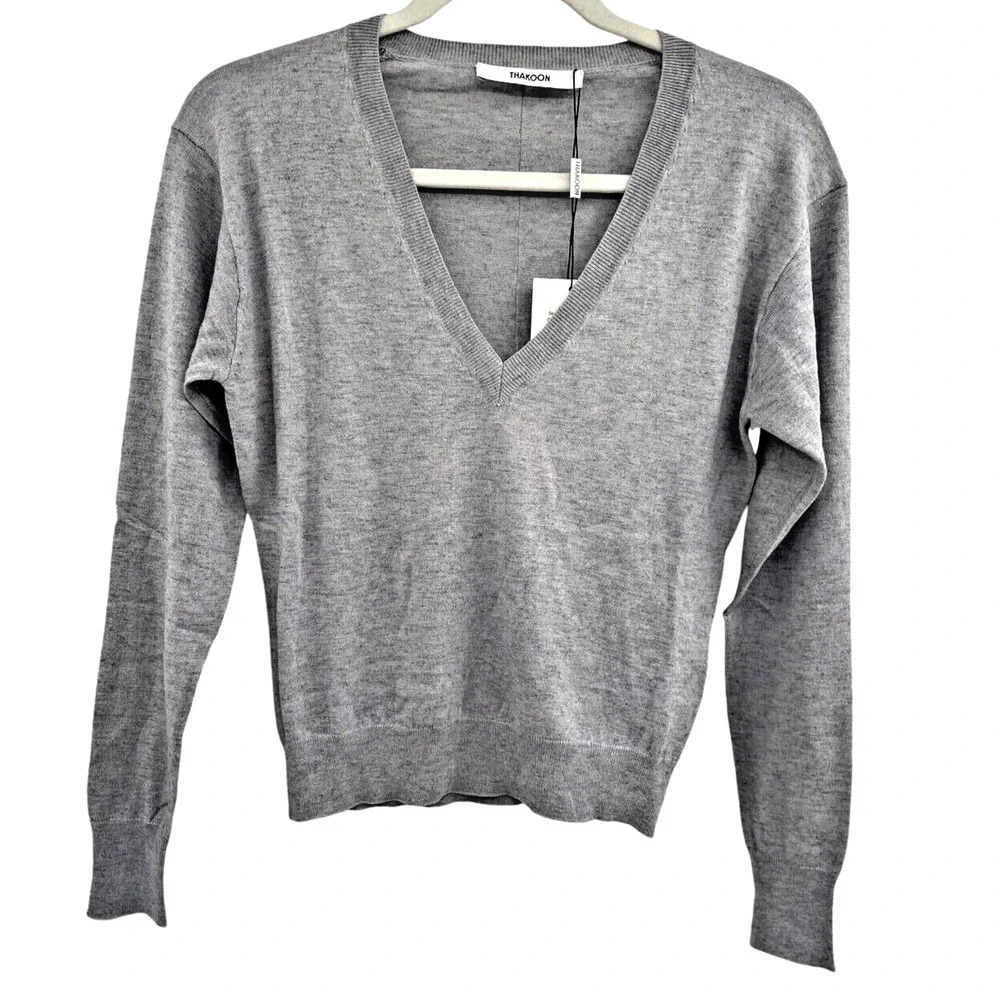 Thakoon Womens Heather Gray Pullover V Neck Sweater Long Sleeve Size XS NWT